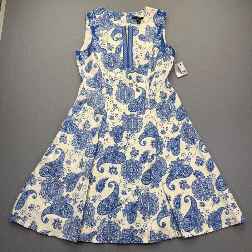 Maggy London Blue White Paisley Linen Blend Fit & Flare Dress G5P64M-MN Size 8